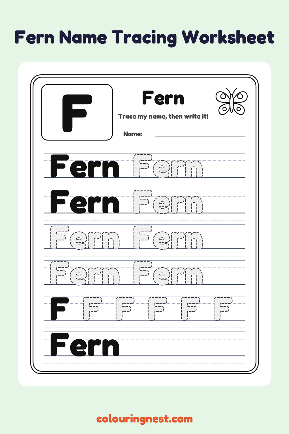 Fern Name Tracing Worksheet: free printable black-and-white line art