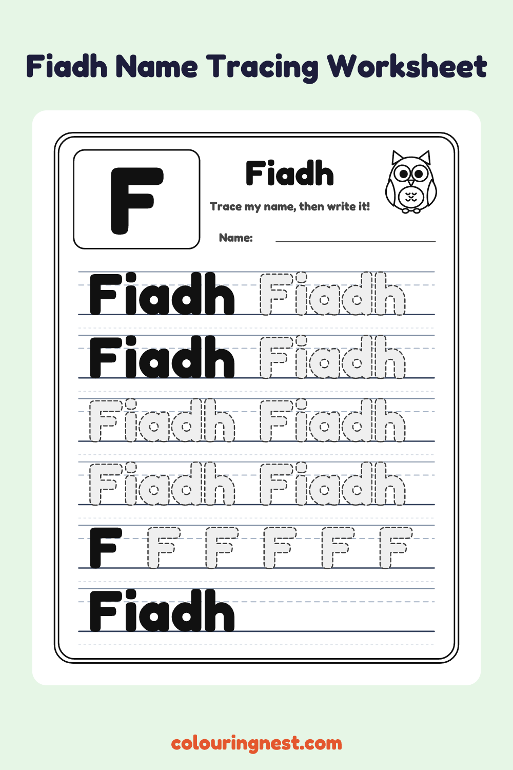 Fiadh Name Tracing Worksheet: free printable black-and-white line art