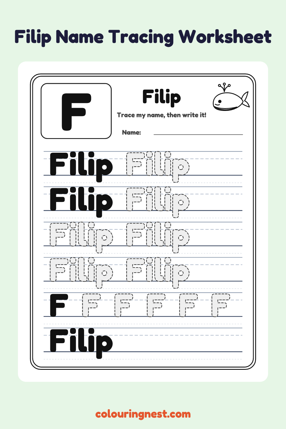 Filip Name Tracing Worksheet: free printable black-and-white line art