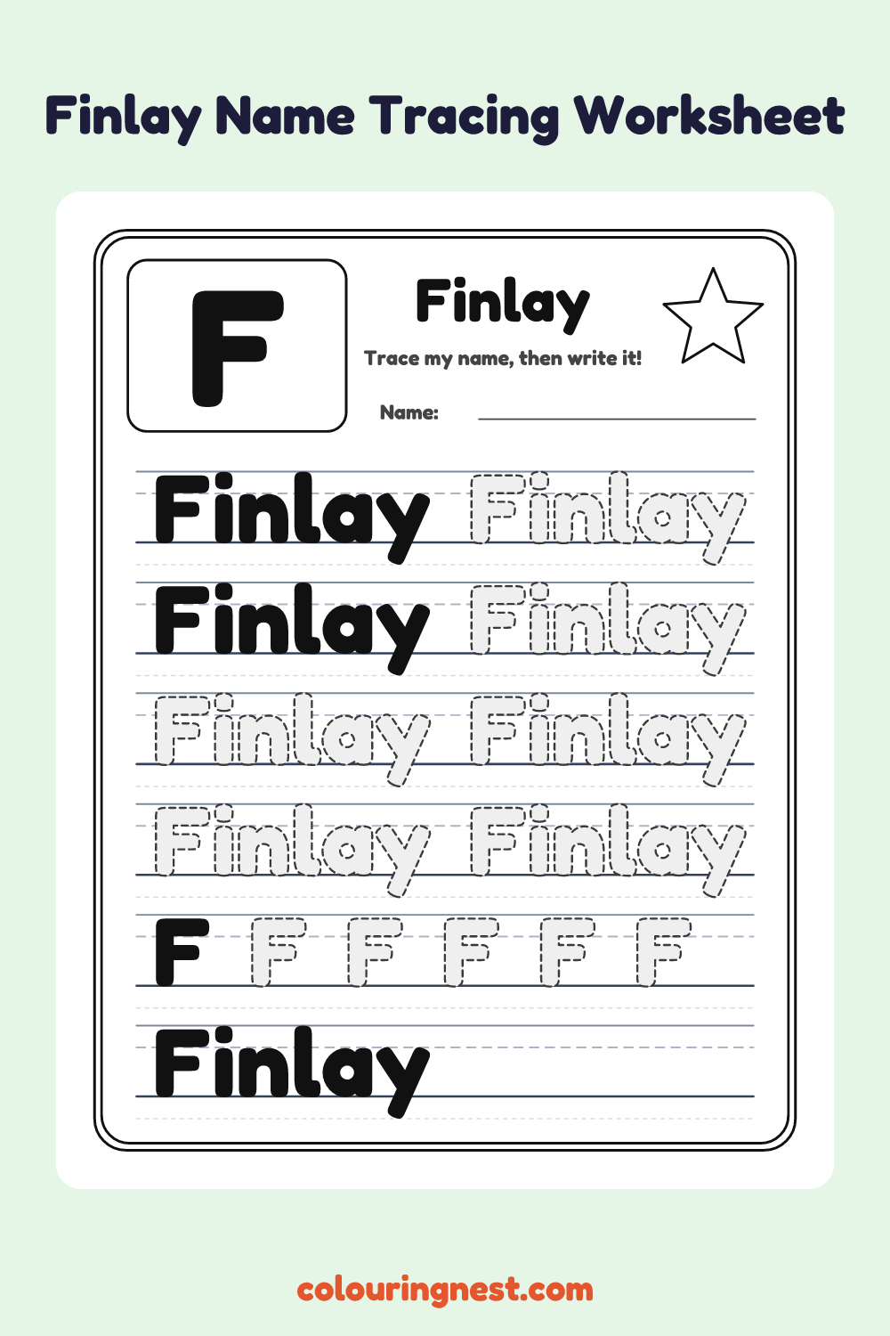Finlay Name Tracing Worksheet: free printable black-and-white line art