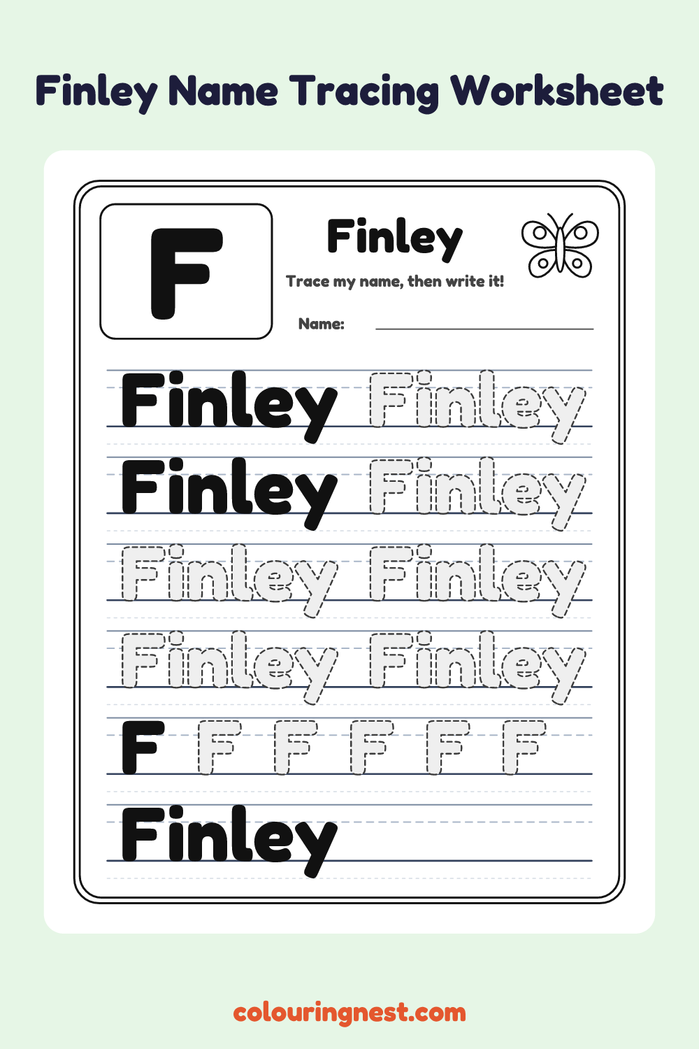 Finley Name Tracing Worksheet: free printable black-and-white line art