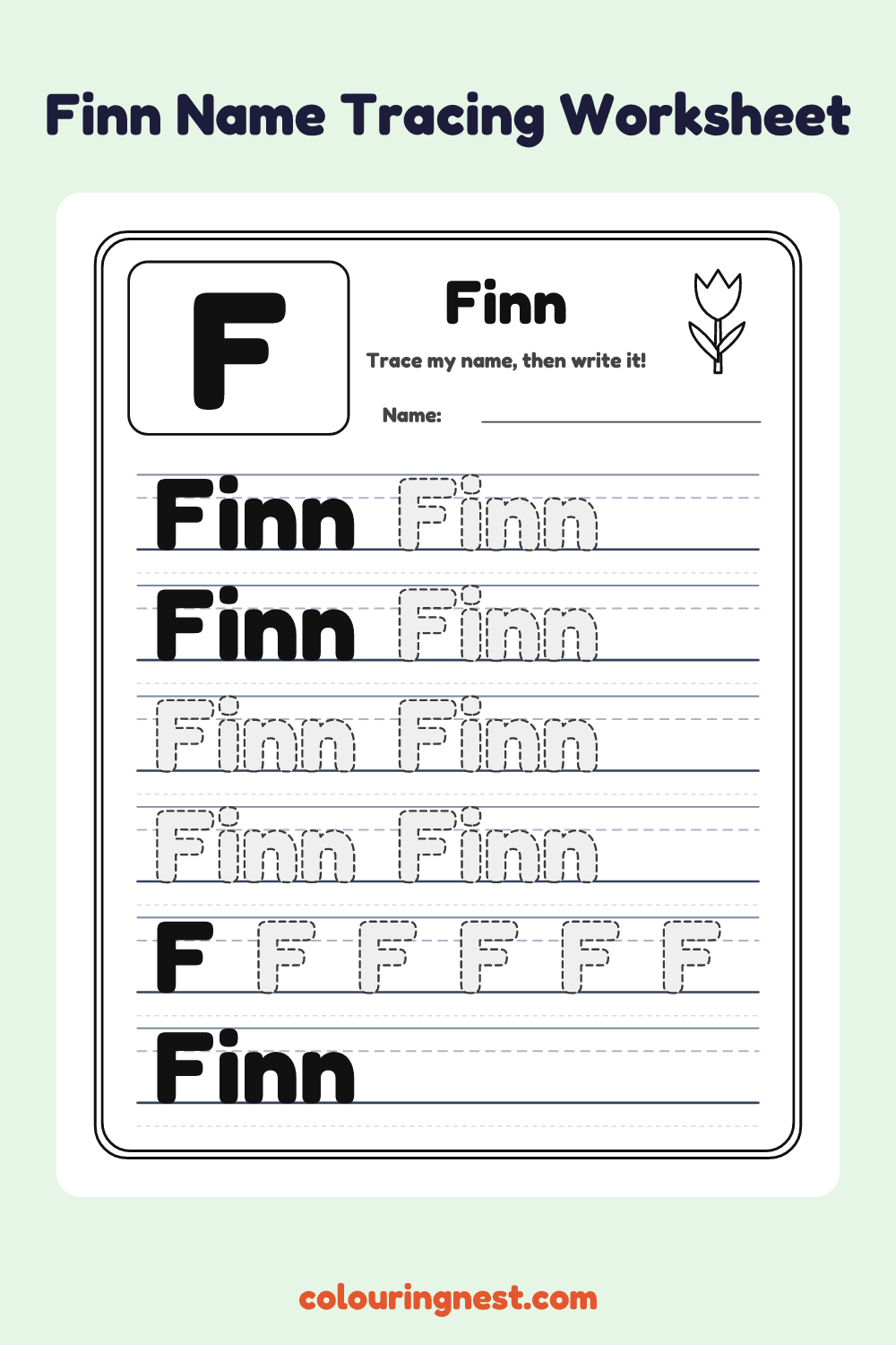 Finn Name Tracing Worksheet: free printable black-and-white line art