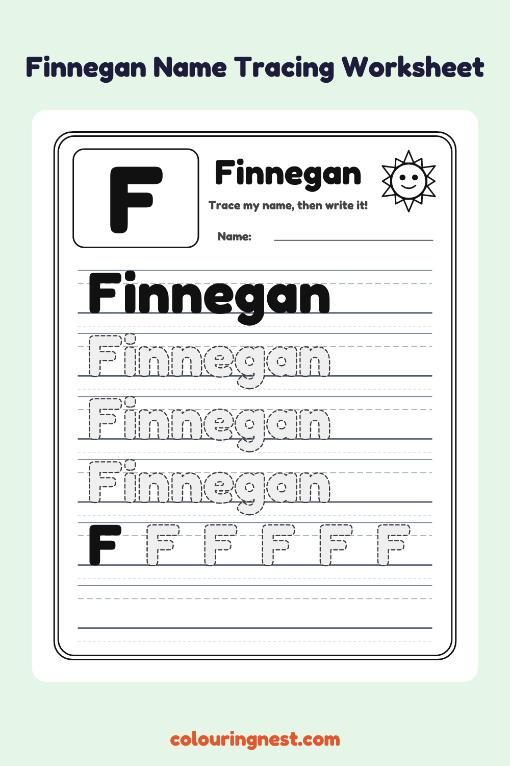 Finnegan Name Tracing Worksheet: free printable black-and-white line art