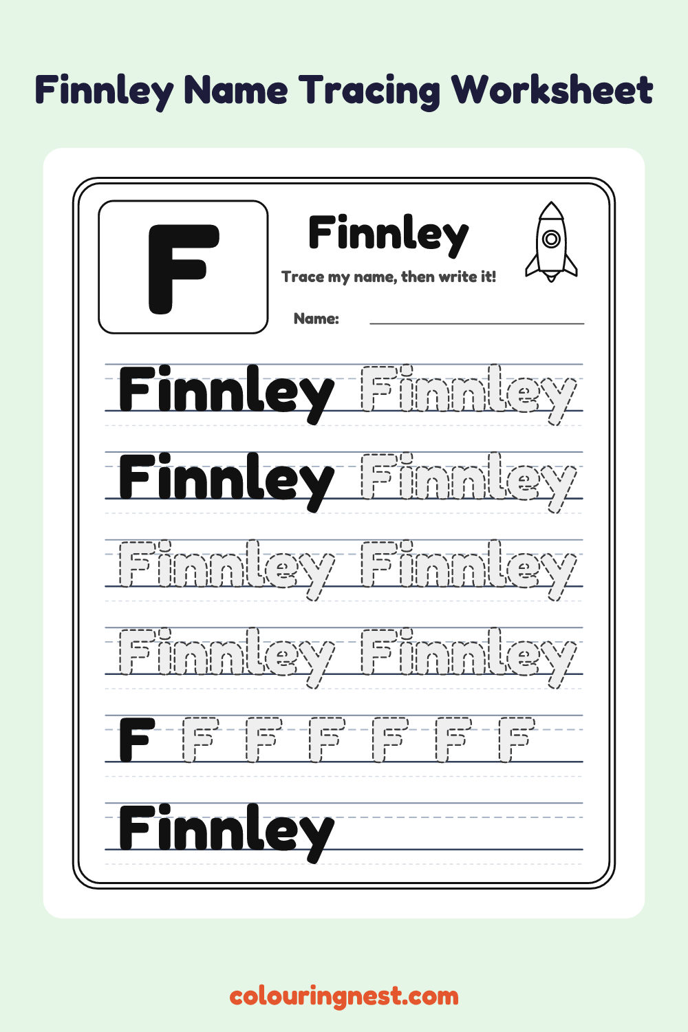 Finnley Name Tracing Worksheet: free printable black-and-white line art