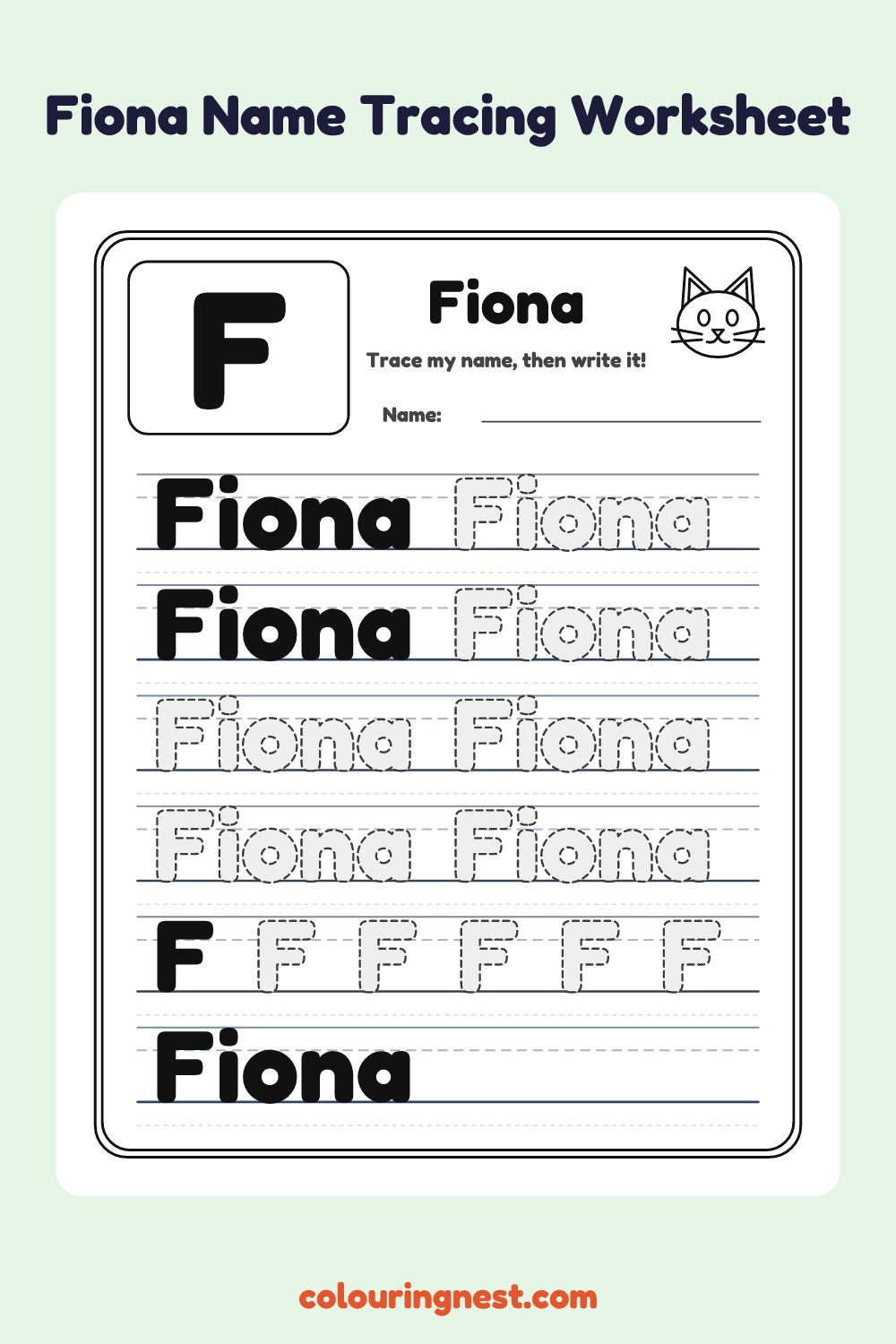 Fiona Name Tracing Worksheet: free printable black-and-white line art