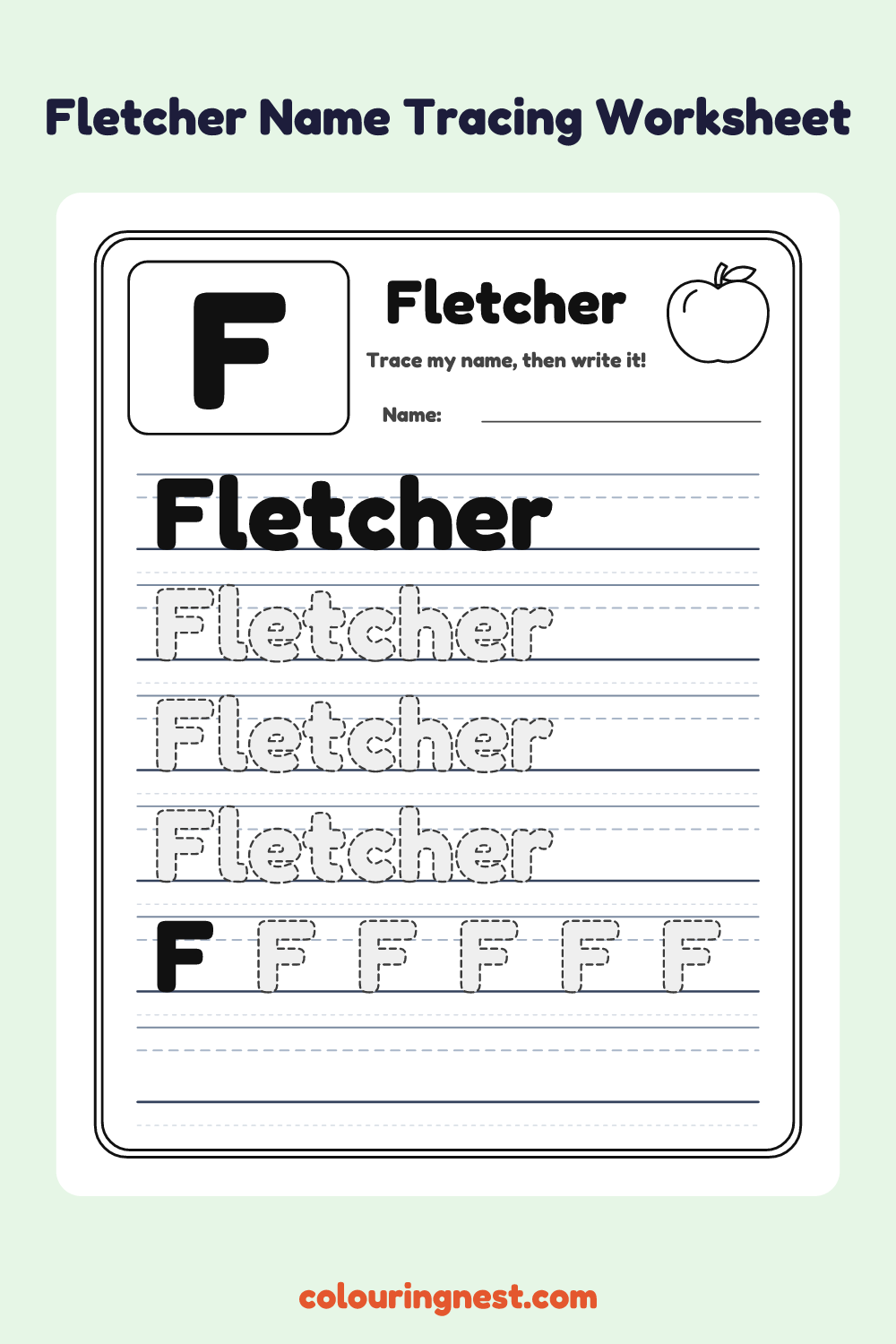 Fletcher Name Tracing Worksheet: free printable black-and-white line art