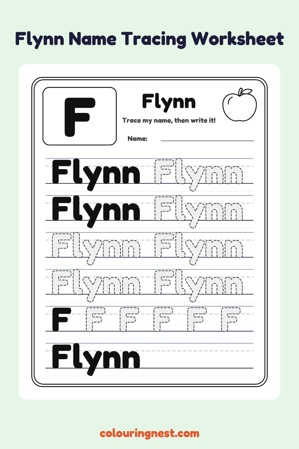 Flynn Name Tracing Worksheet: free printable black-and-white line art