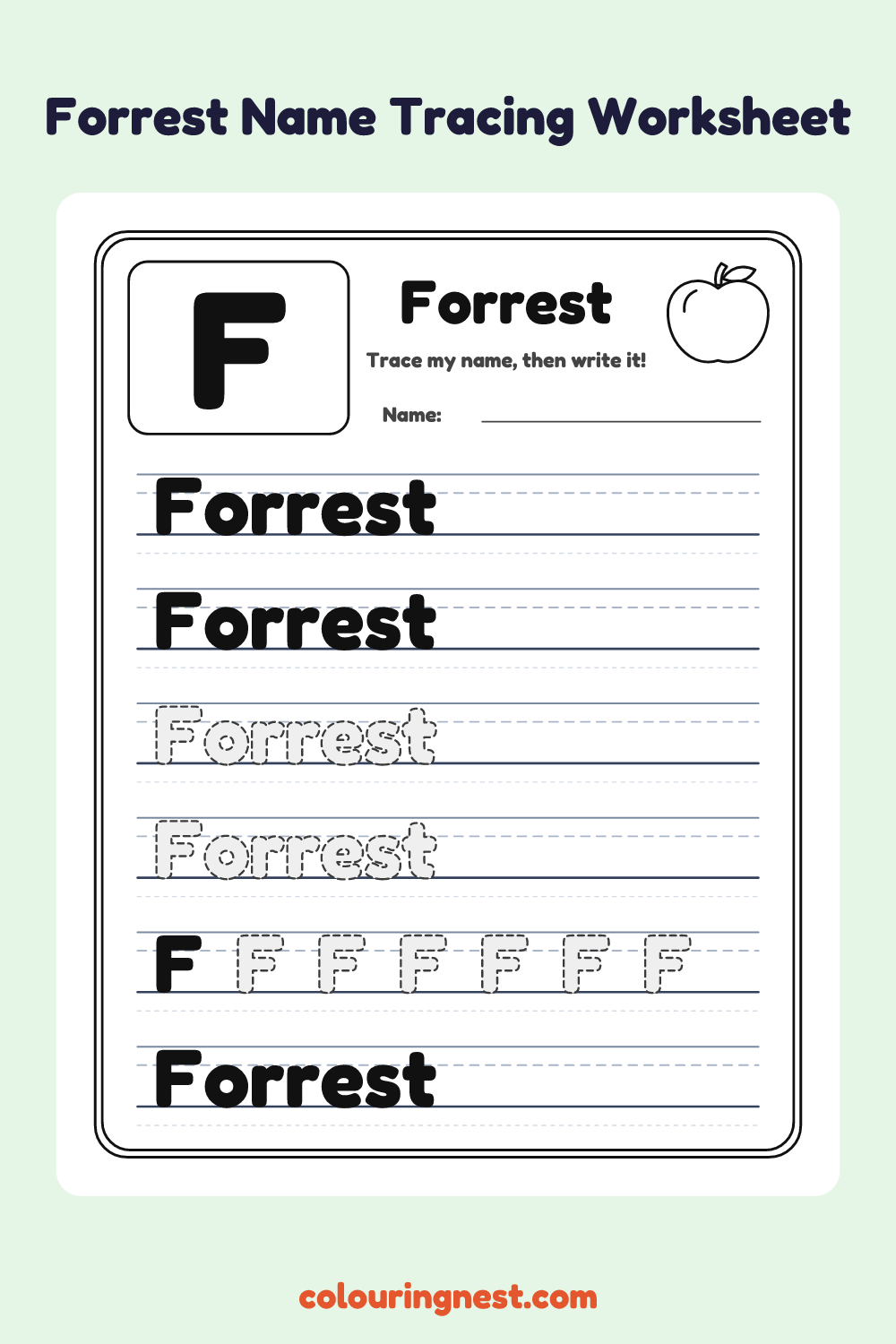 Forrest Name Tracing Worksheet: free printable black-and-white line art