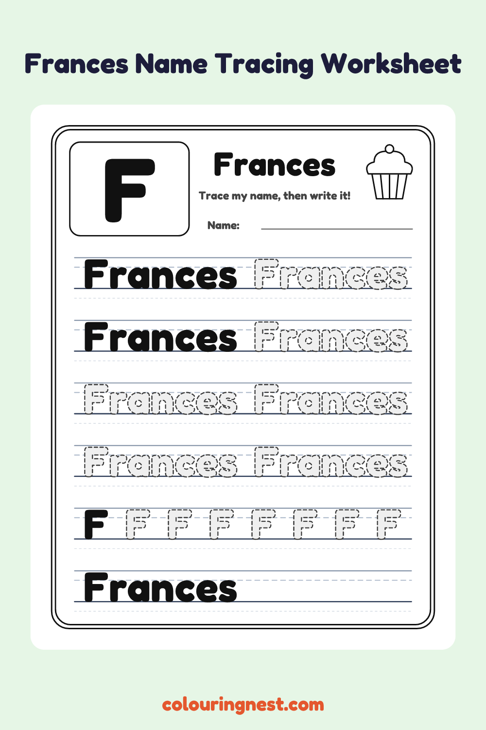 Frances Name Tracing Worksheet: free printable black-and-white line art