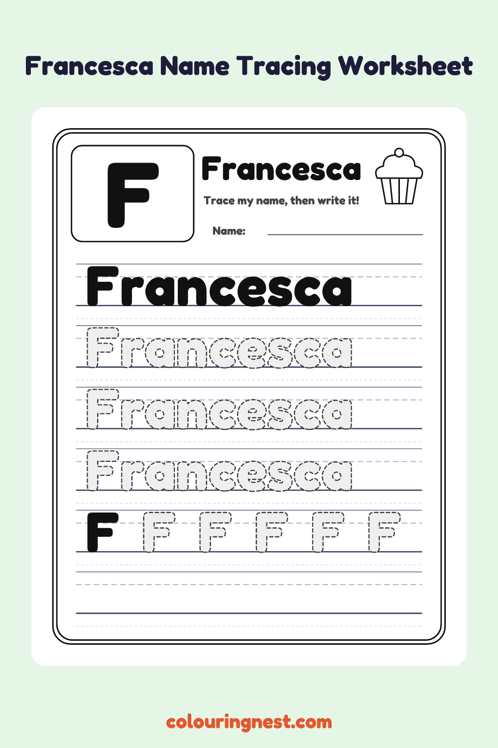 Francesca Name Tracing Worksheet: free printable black-and-white line art