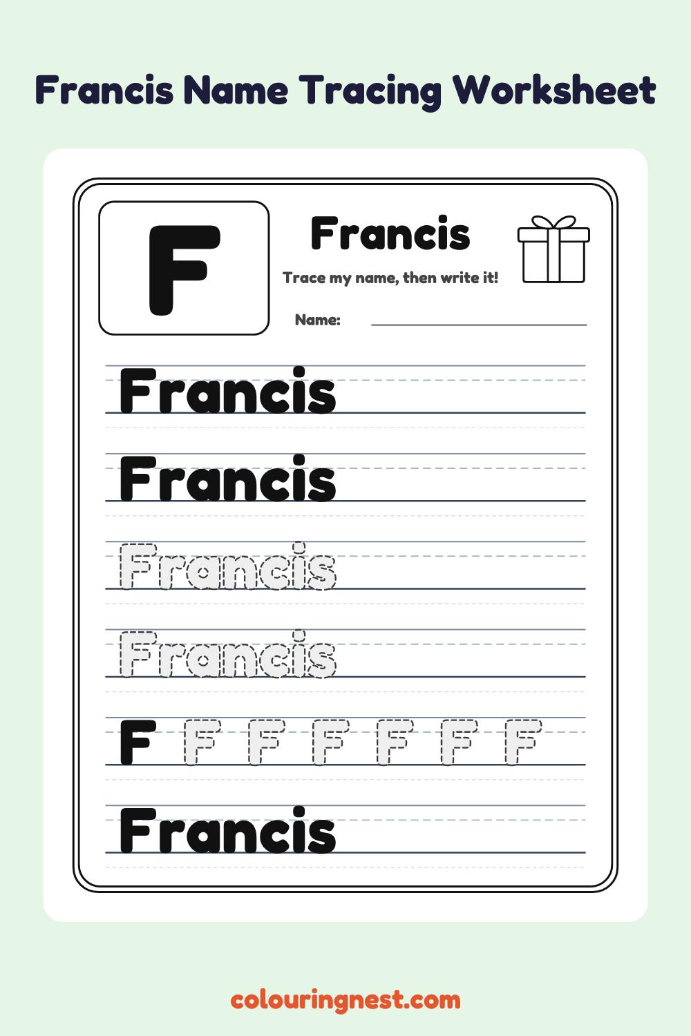 Francis Name Tracing Worksheet: free printable black-and-white line art