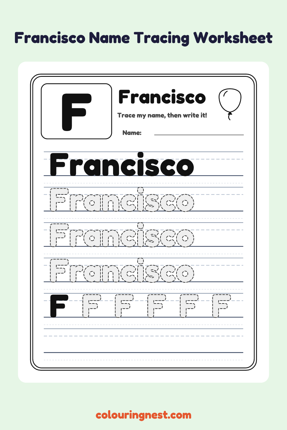 Francisco Name Tracing Worksheet: free printable black-and-white line art