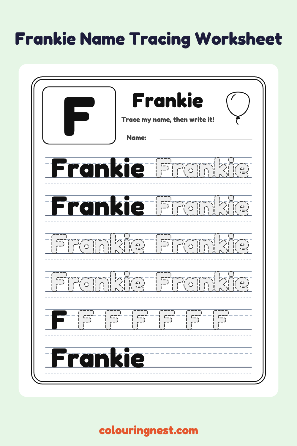 Frankie Name Tracing Worksheet: free printable black-and-white line art