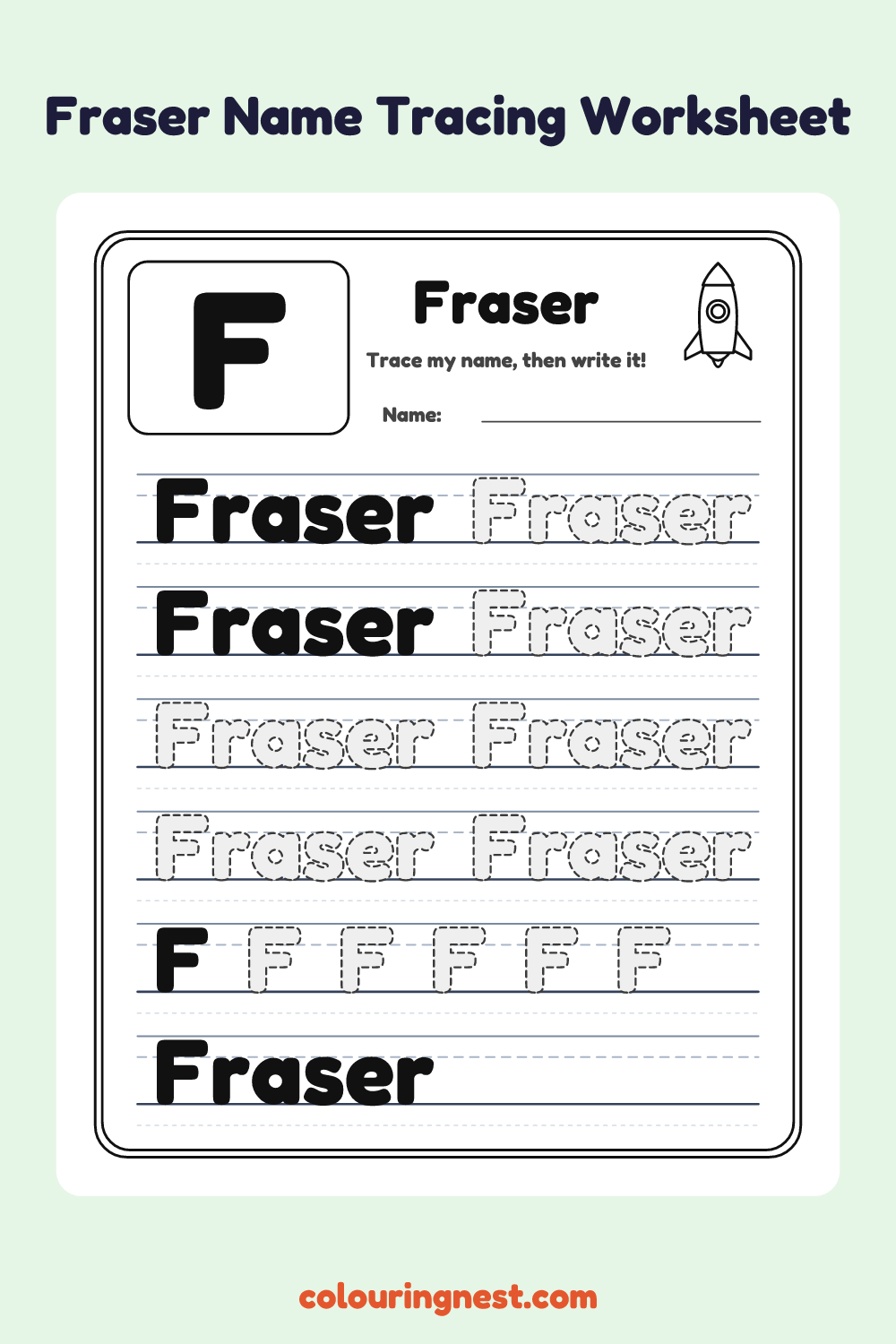 Fraser Name Tracing Worksheet: free printable black-and-white line art