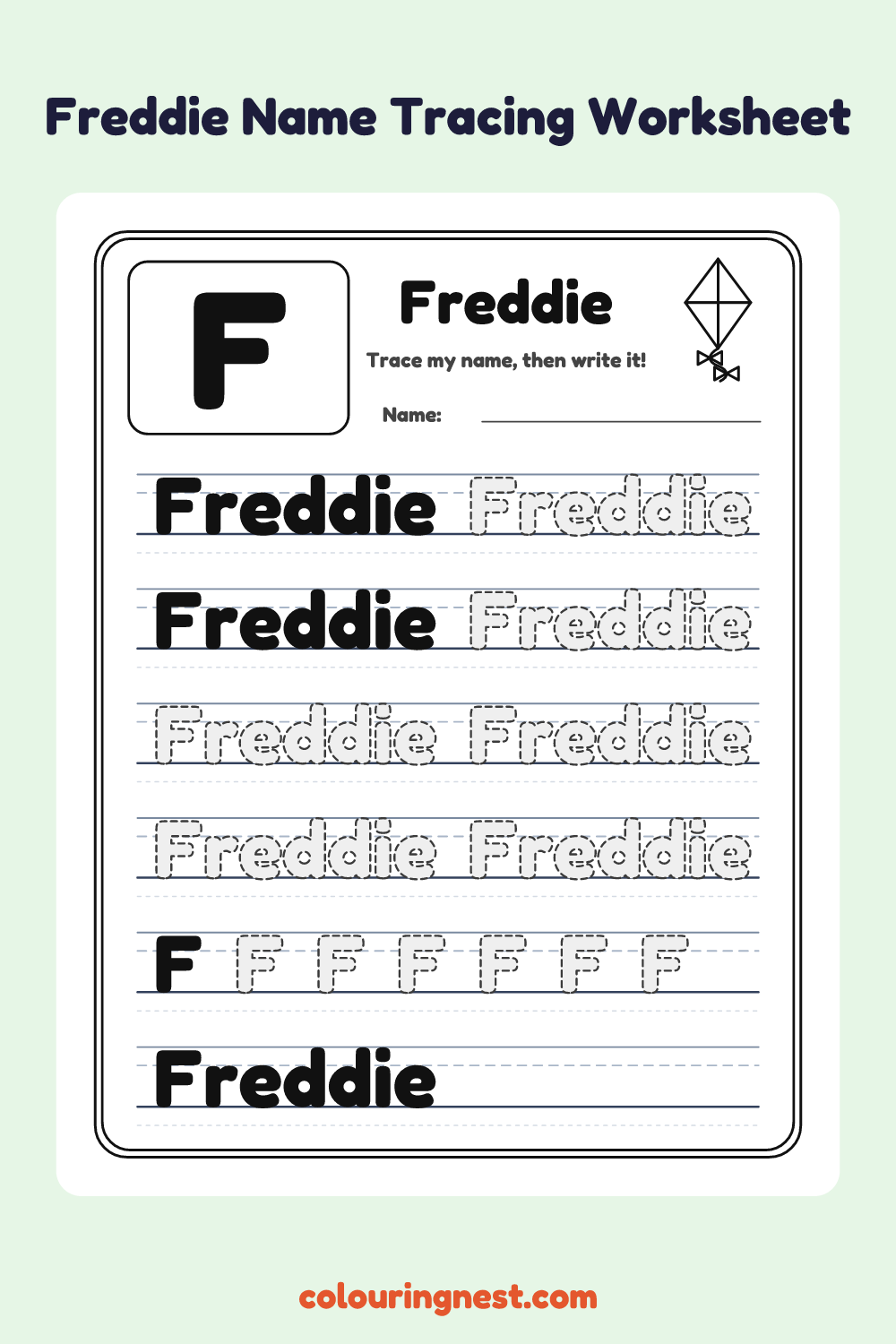 Freddie Name Tracing Worksheet: free printable black-and-white line art