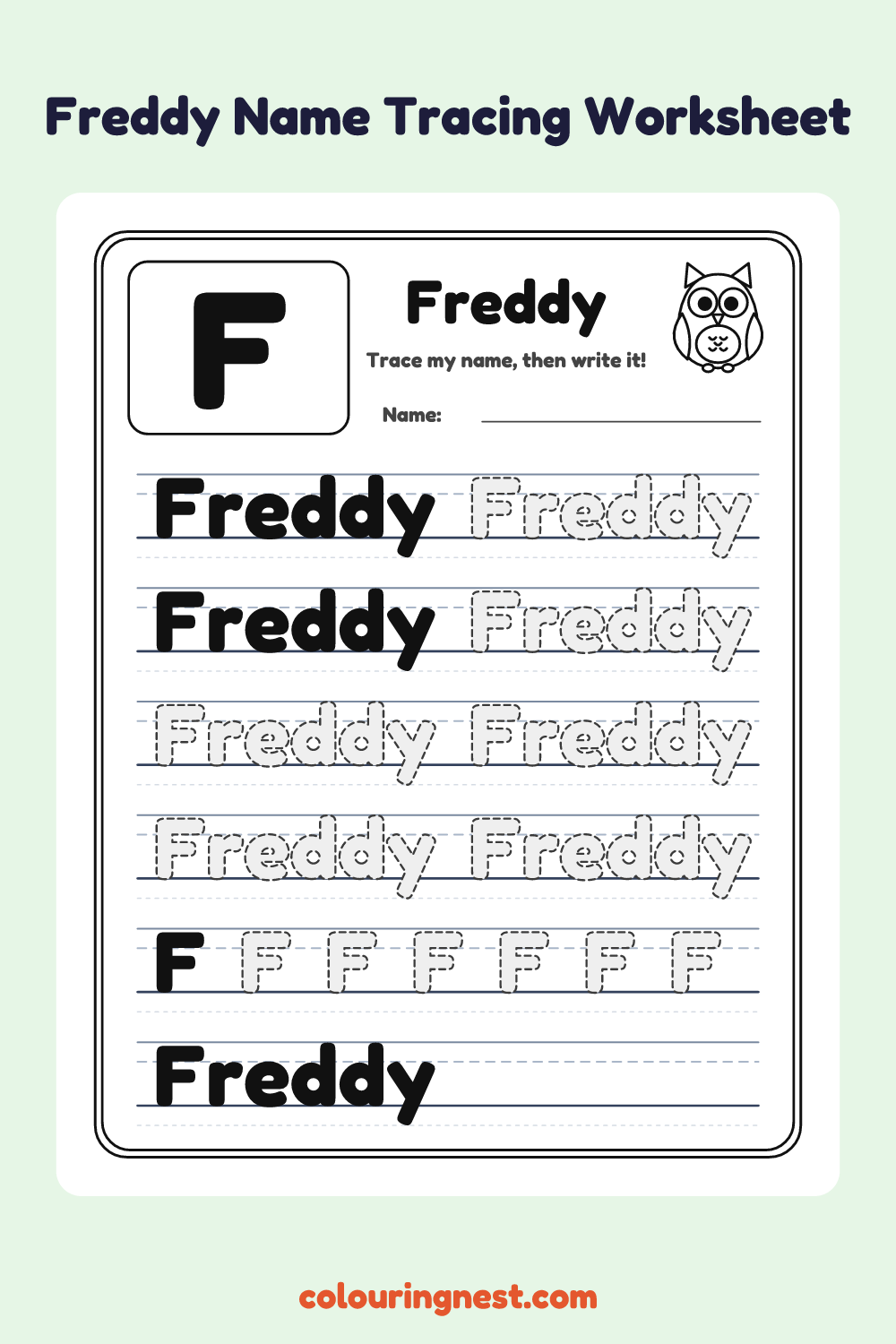 Freddy Name Tracing Worksheet: free printable black-and-white line art
