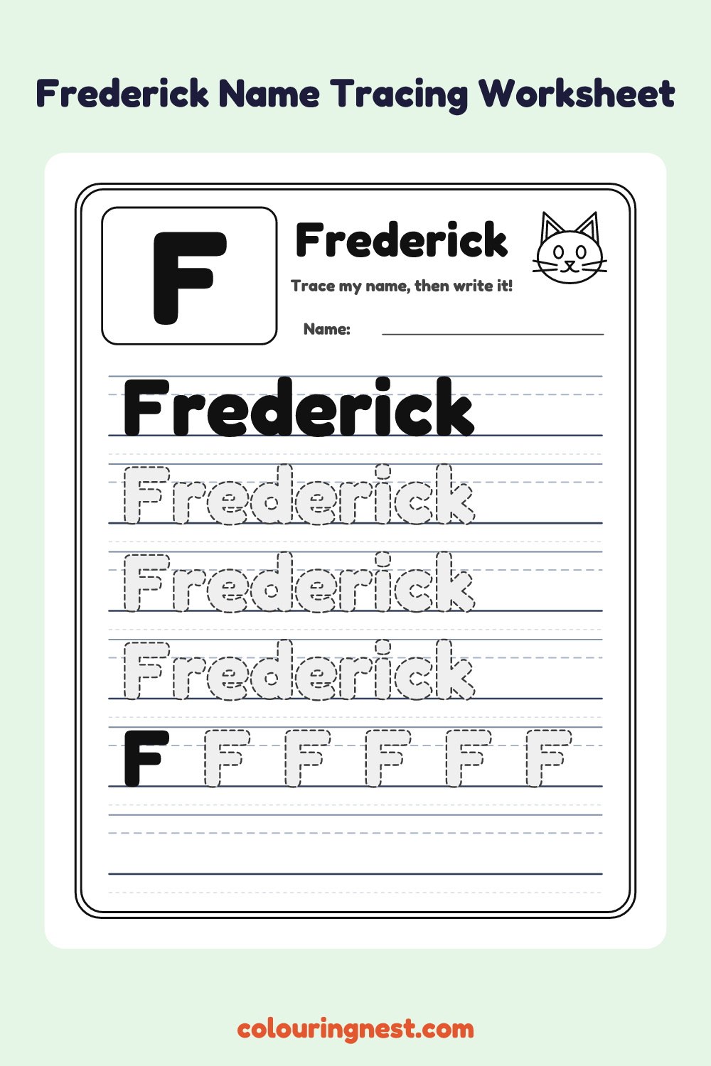 Frederick Name Tracing Worksheet: free printable black-and-white line art