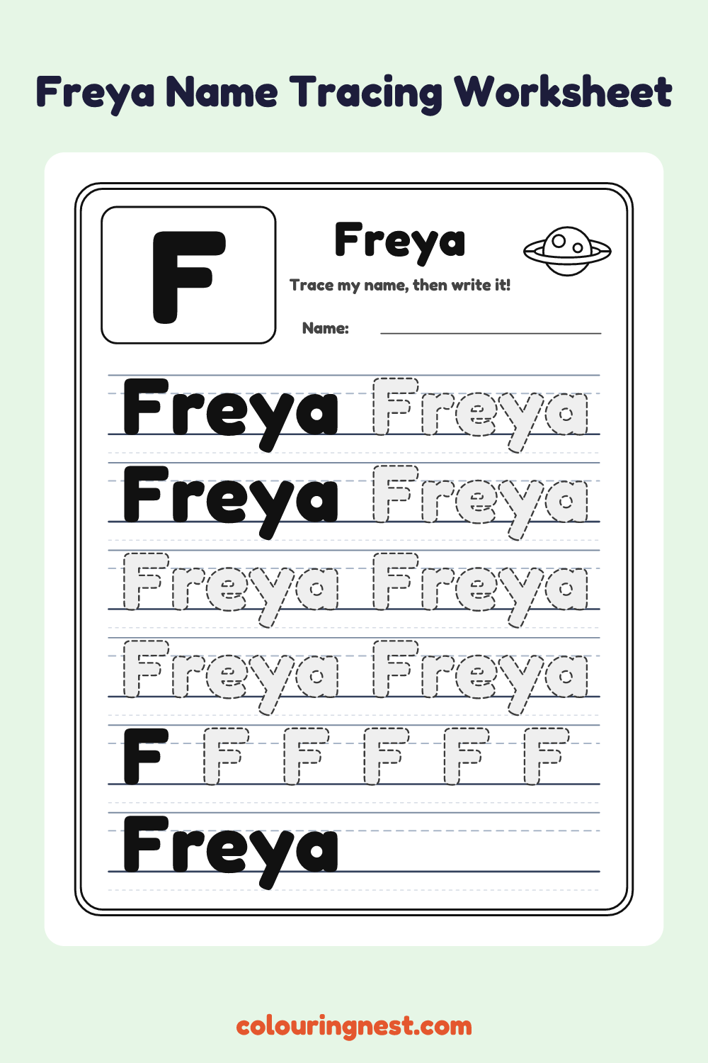 Freya Name Tracing Worksheet: free printable black-and-white line art