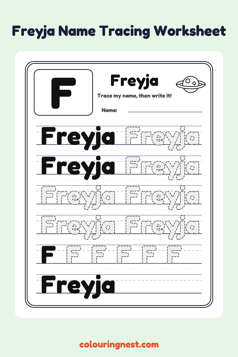 Freyja Name Tracing Worksheet: free printable black-and-white line art