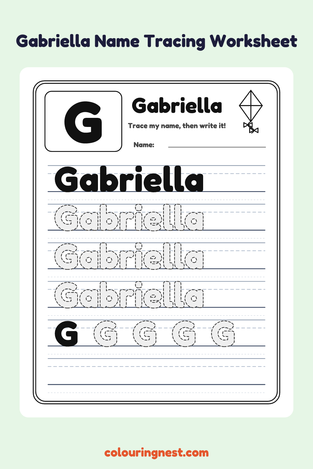 Gabriella Name Tracing Worksheet: free printable black-and-white line art