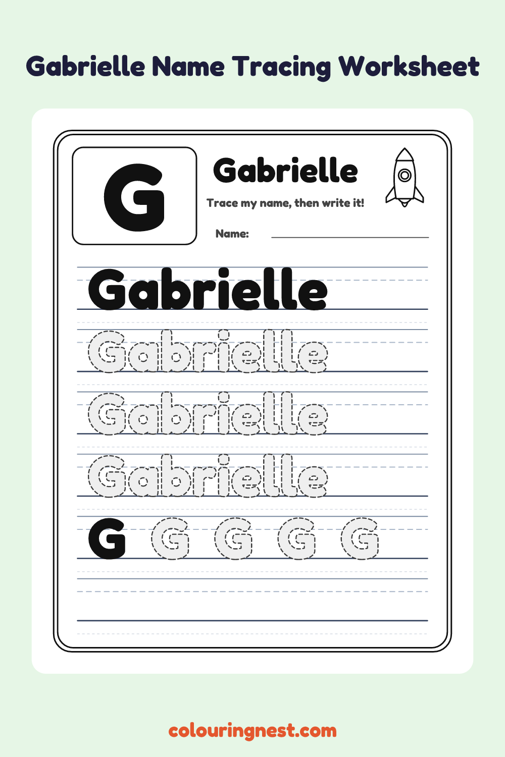 Gabrielle Name Tracing Worksheet: free printable black-and-white line art