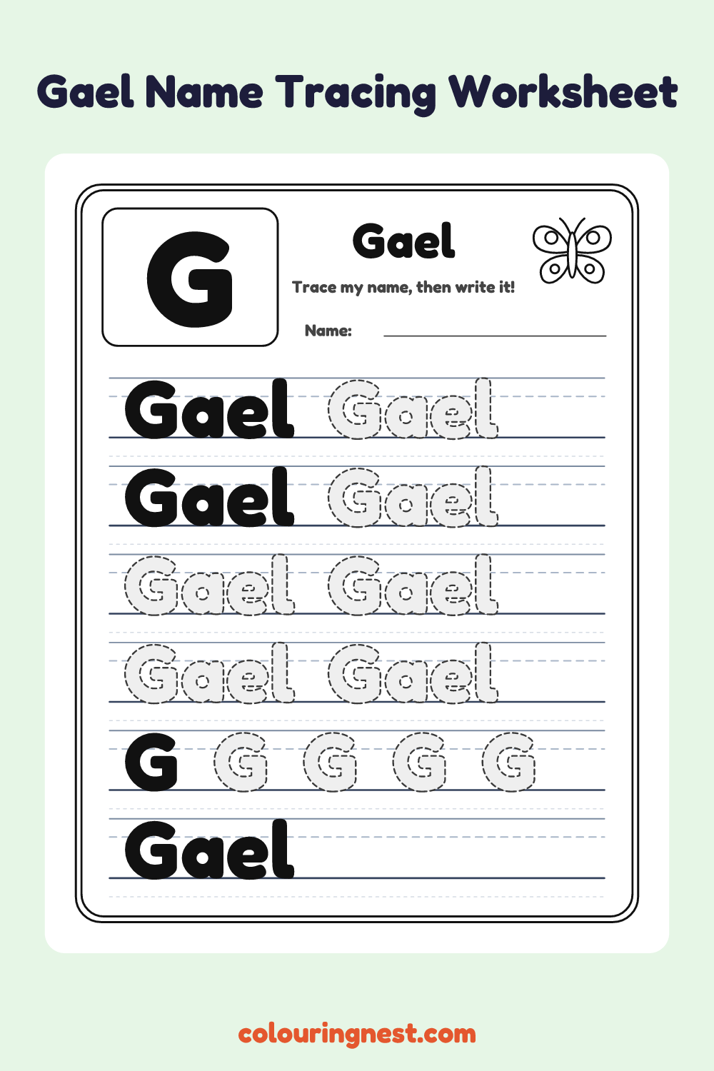Gael Name Tracing Worksheet: free printable black-and-white line art