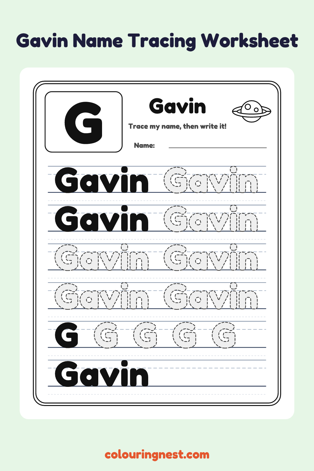 Gavin Name Tracing Worksheet: free printable black-and-white line art
