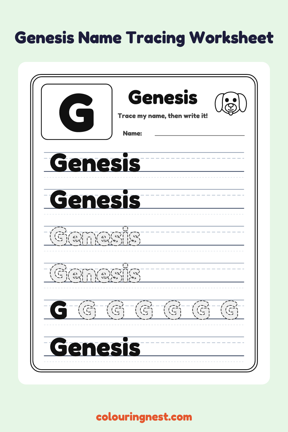 Genesis Name Tracing Worksheet: free printable black-and-white line art
