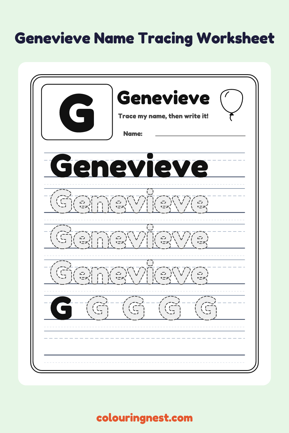 Genevieve Name Tracing Worksheet: free printable black-and-white line art