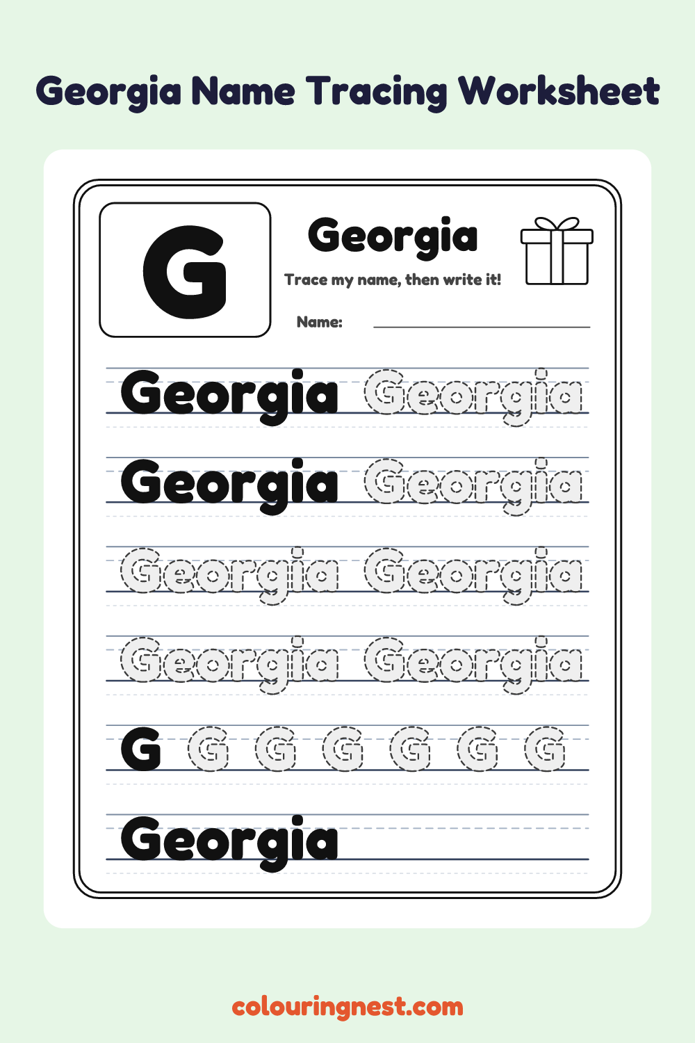 Georgia Name Tracing Worksheet: free printable black-and-white line art