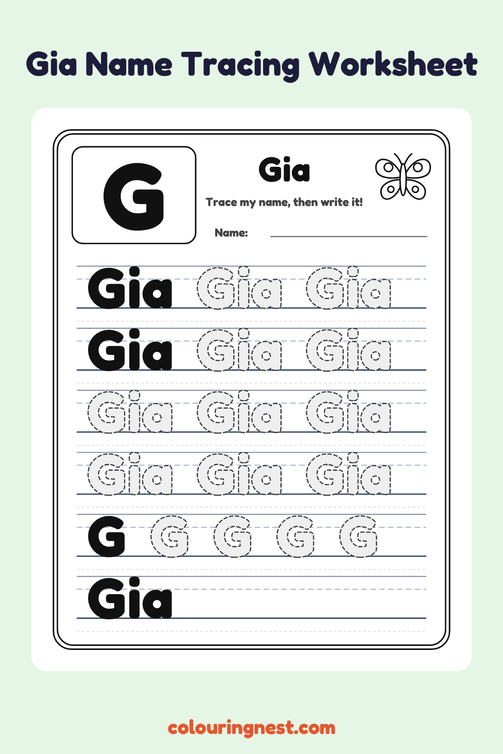 Gia Name Tracing Worksheet: free printable black-and-white line art