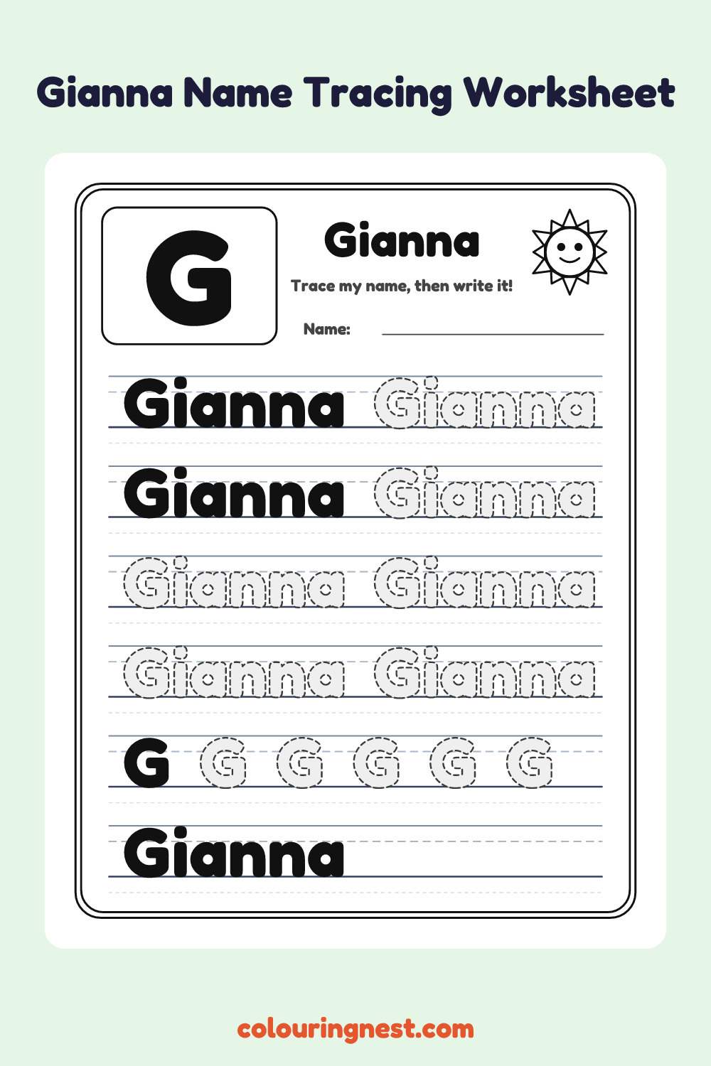 Gianna Name Tracing Worksheet: free printable black-and-white line art