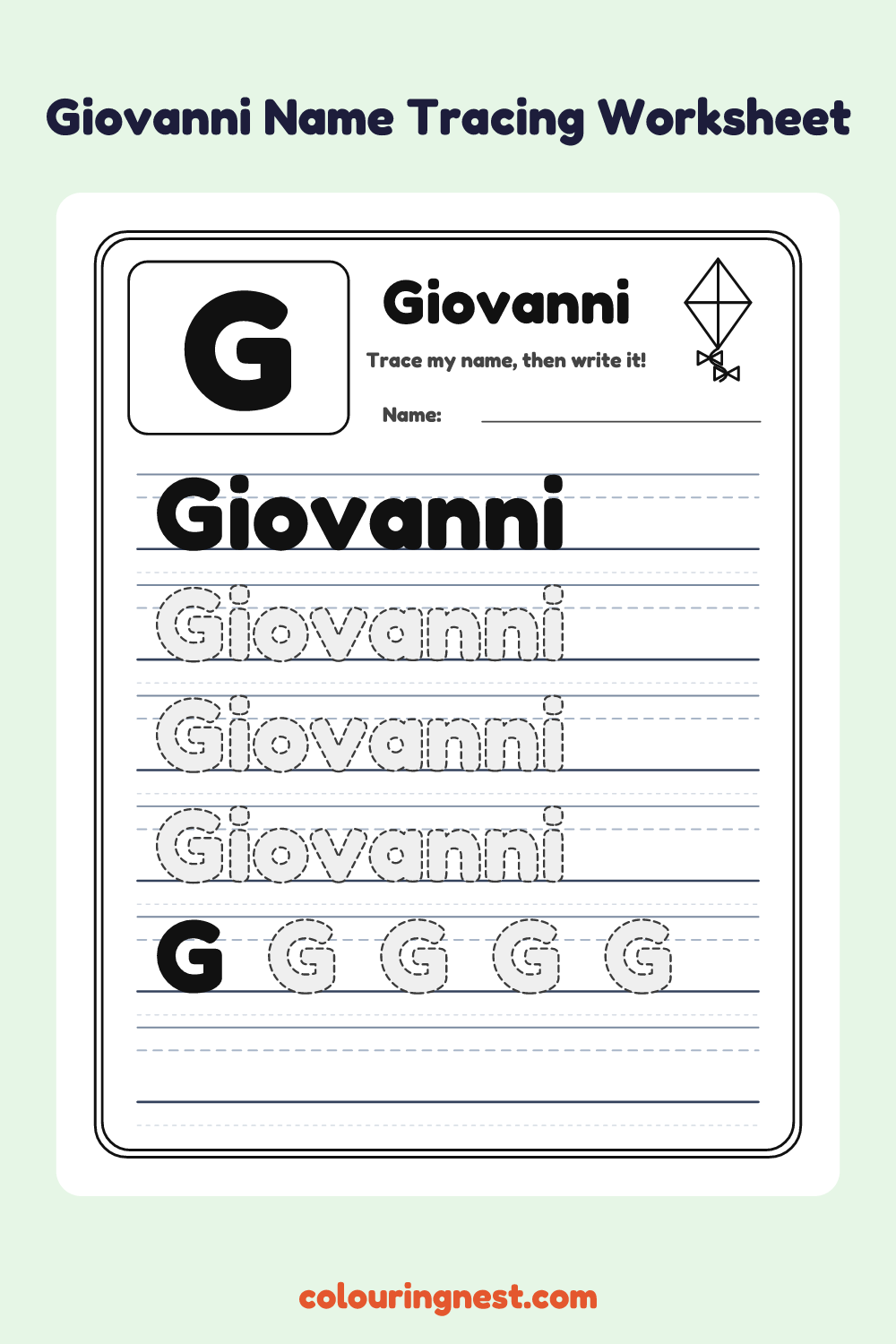 Giovanni Name Tracing Worksheet: free printable black-and-white line art