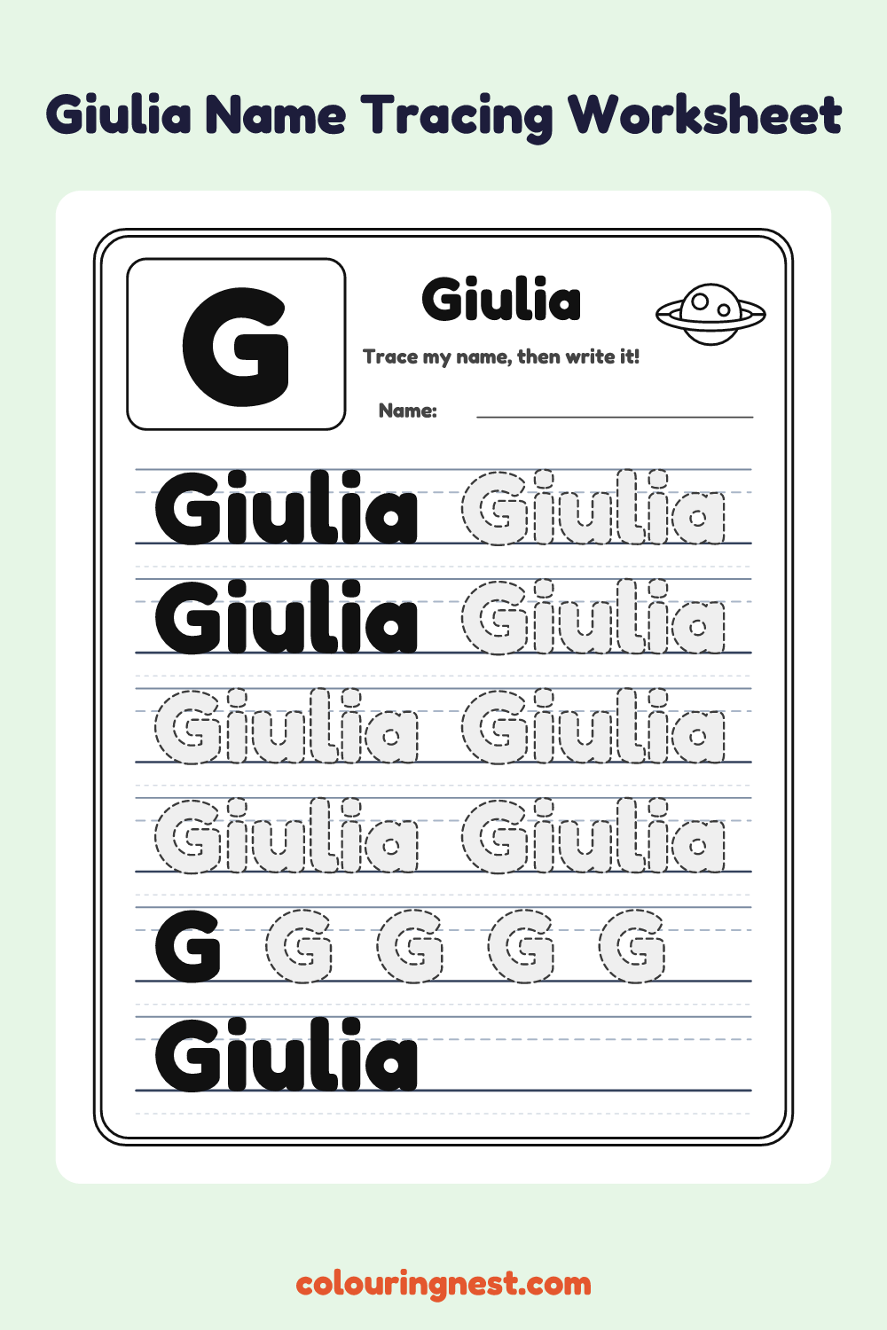 Giulia Name Tracing Worksheet: free printable black-and-white line art