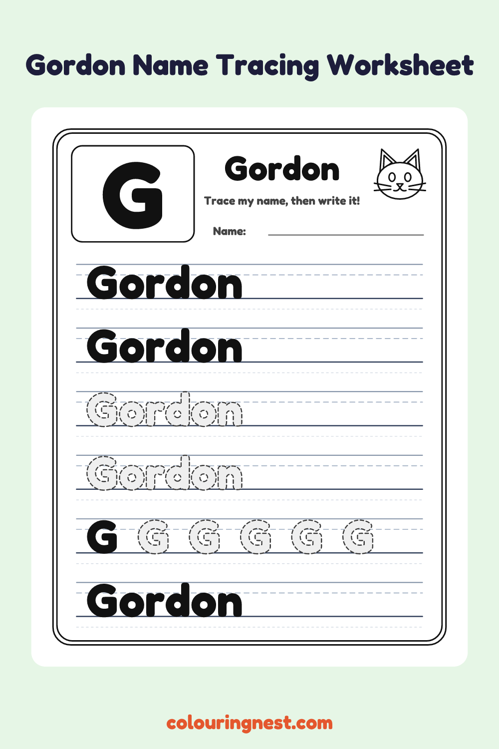 Gordon Name Tracing Worksheet: free printable black-and-white line art