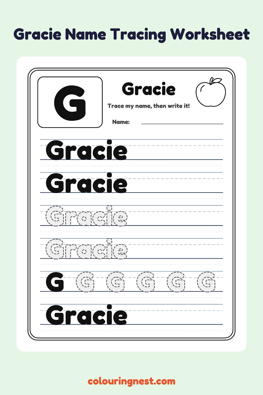 Gracie Name Tracing Worksheet: free printable black-and-white line art