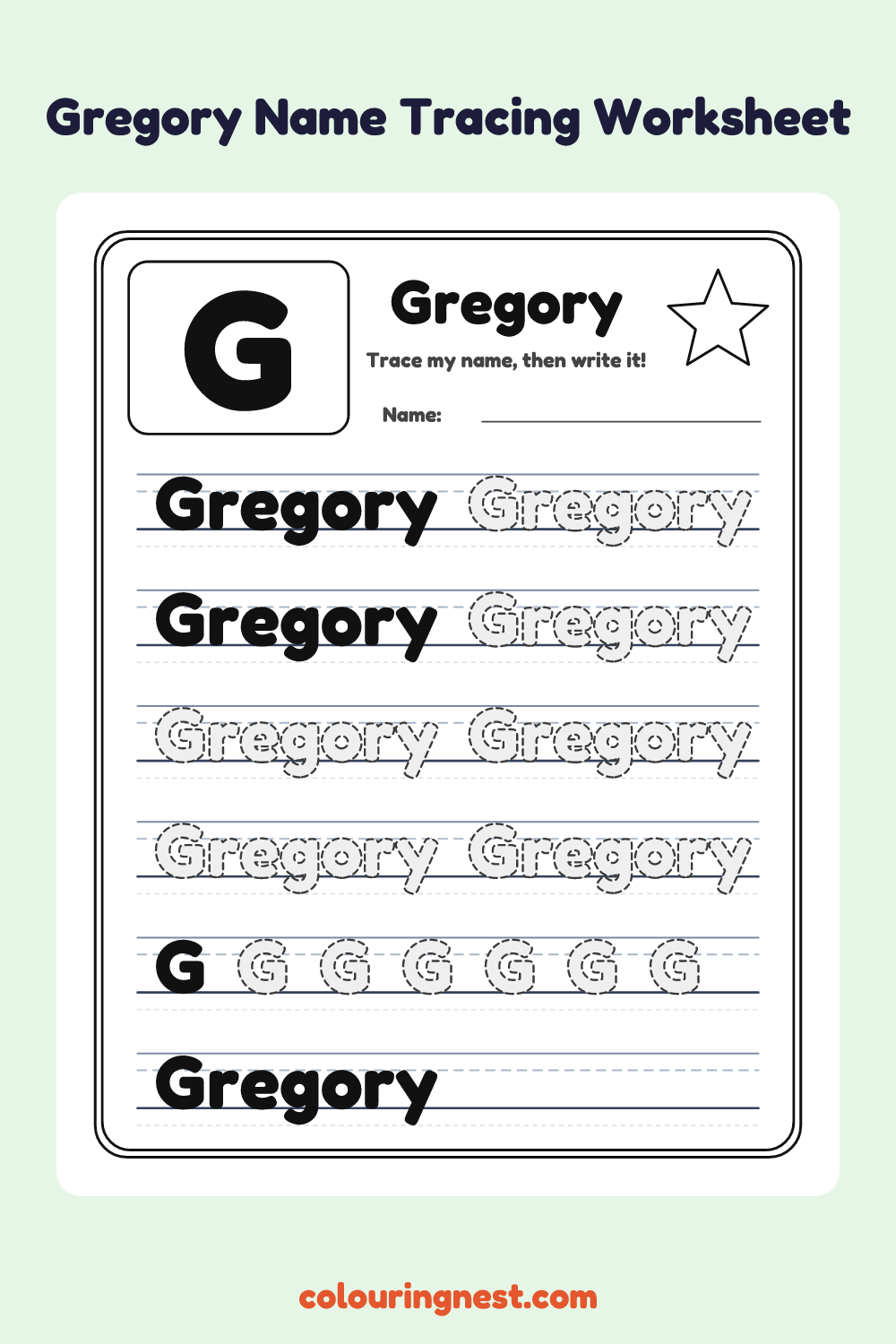 Gregory Name Tracing Worksheet: free printable black-and-white line art