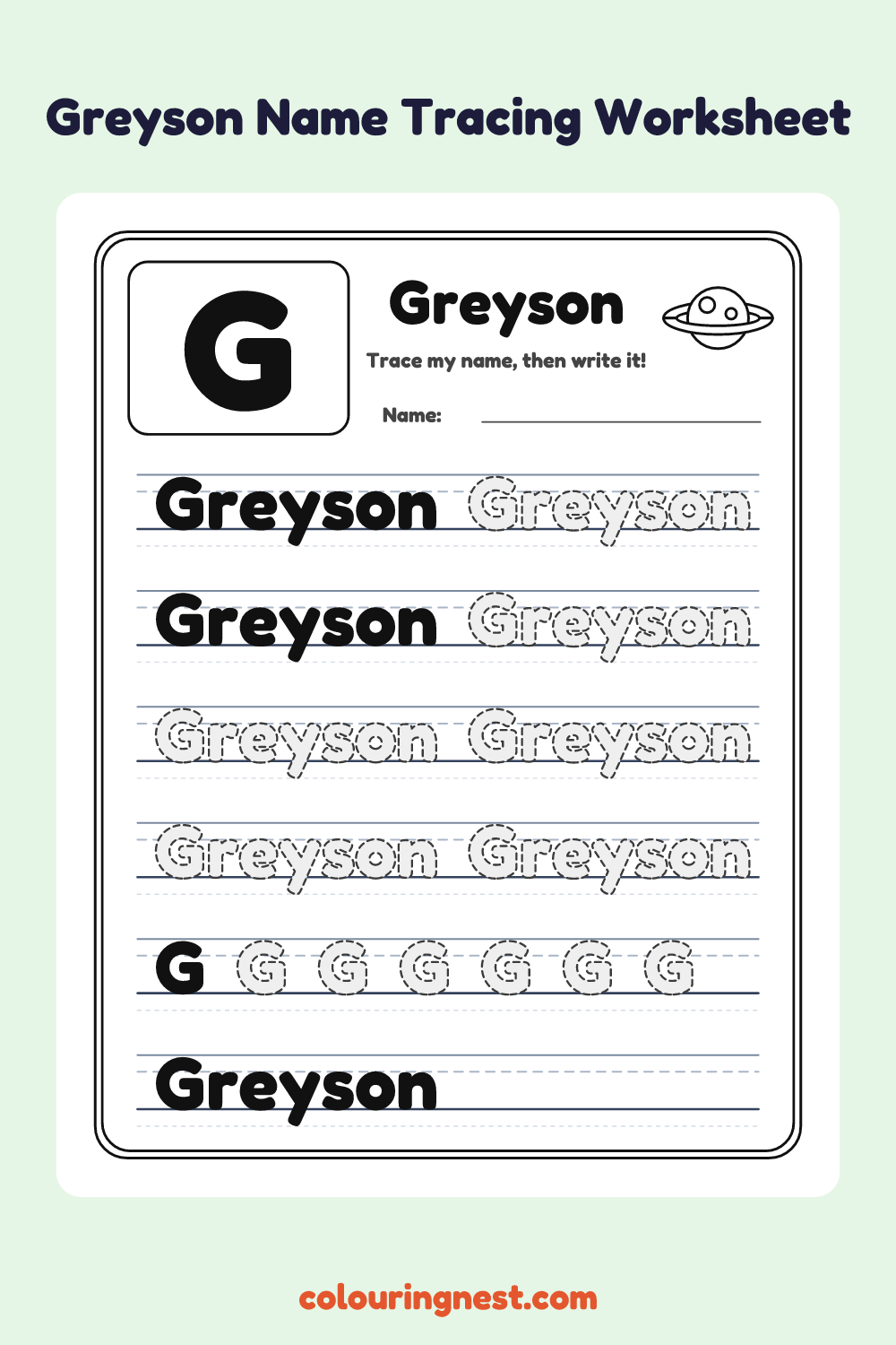 Greyson Name Tracing Worksheet: free printable black-and-white line art