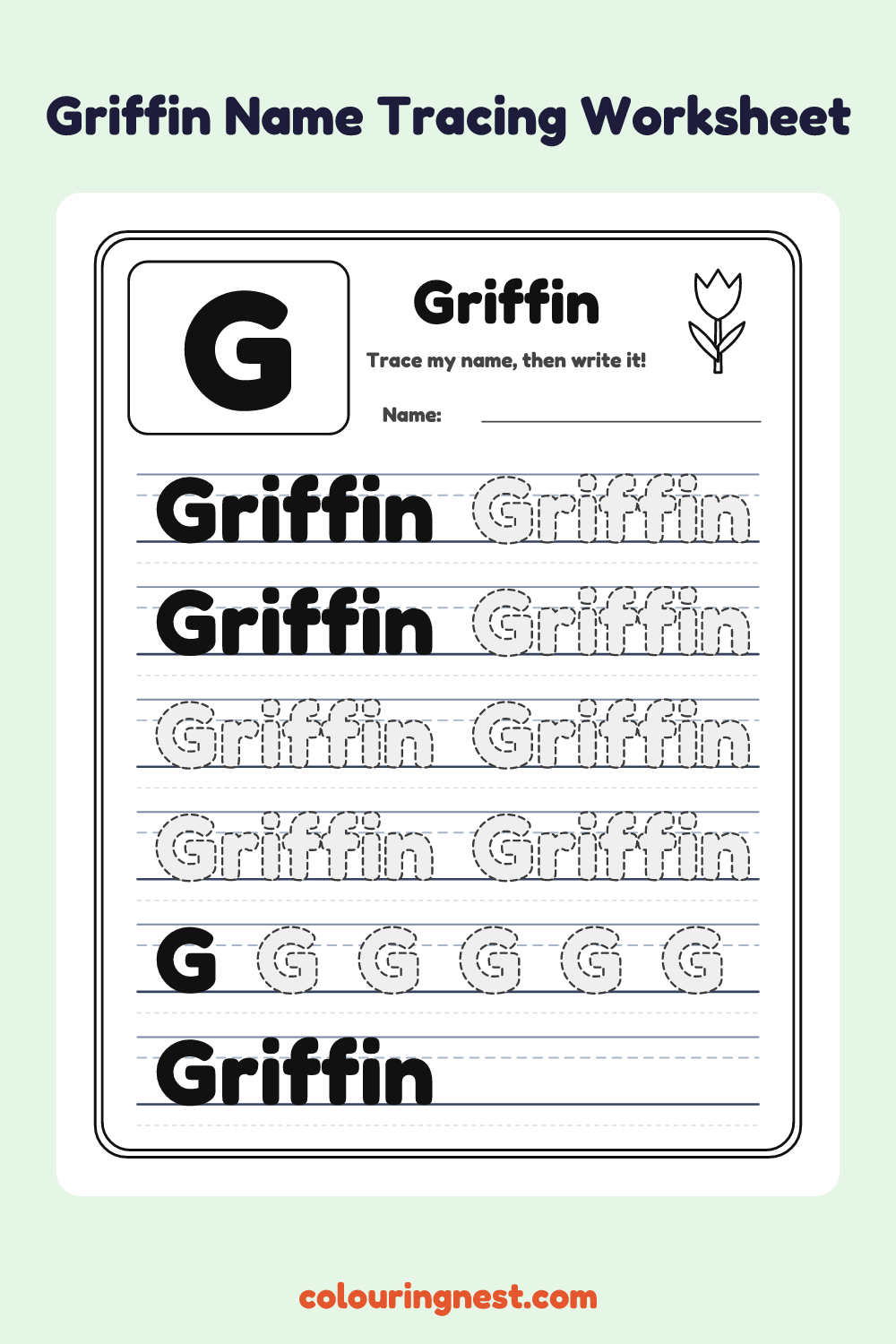 Griffin Name Tracing Worksheet: free printable black-and-white line art