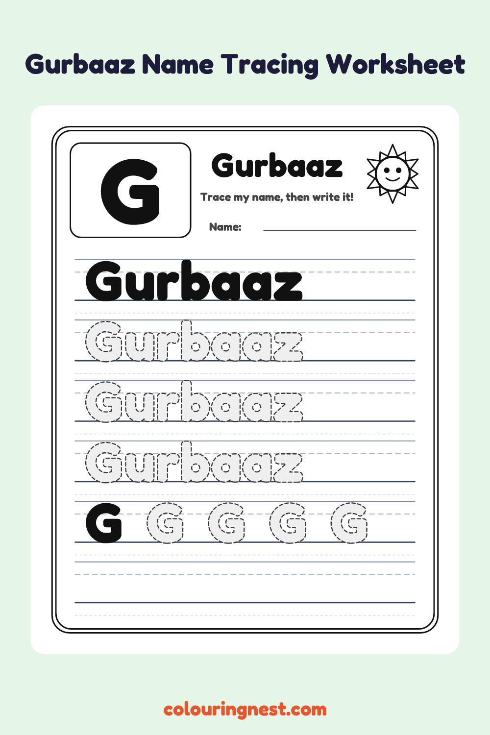 Gurbaaz Name Tracing Worksheet: free printable black-and-white line art