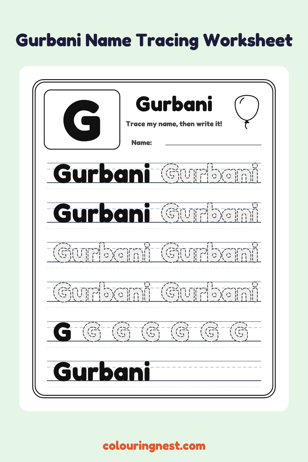 Gurbani Name Tracing Worksheet: free printable black-and-white line art