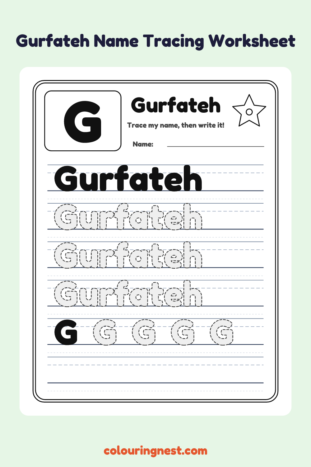 Gurfateh Name Tracing Worksheet: free printable black-and-white line art