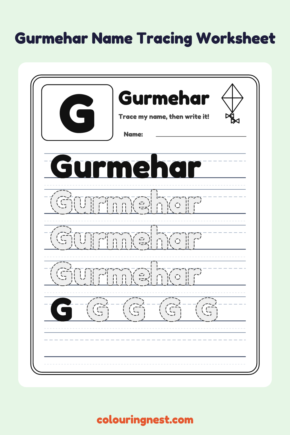 Gurmehar Name Tracing Worksheet: free printable black-and-white line art
