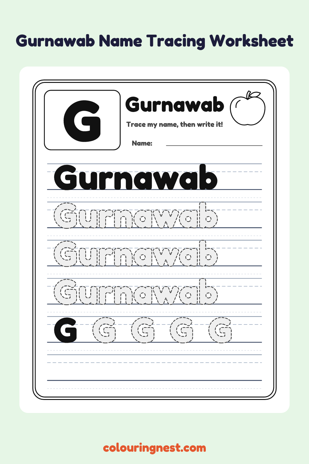 Gurnawab Name Tracing Worksheet: free printable black-and-white line art