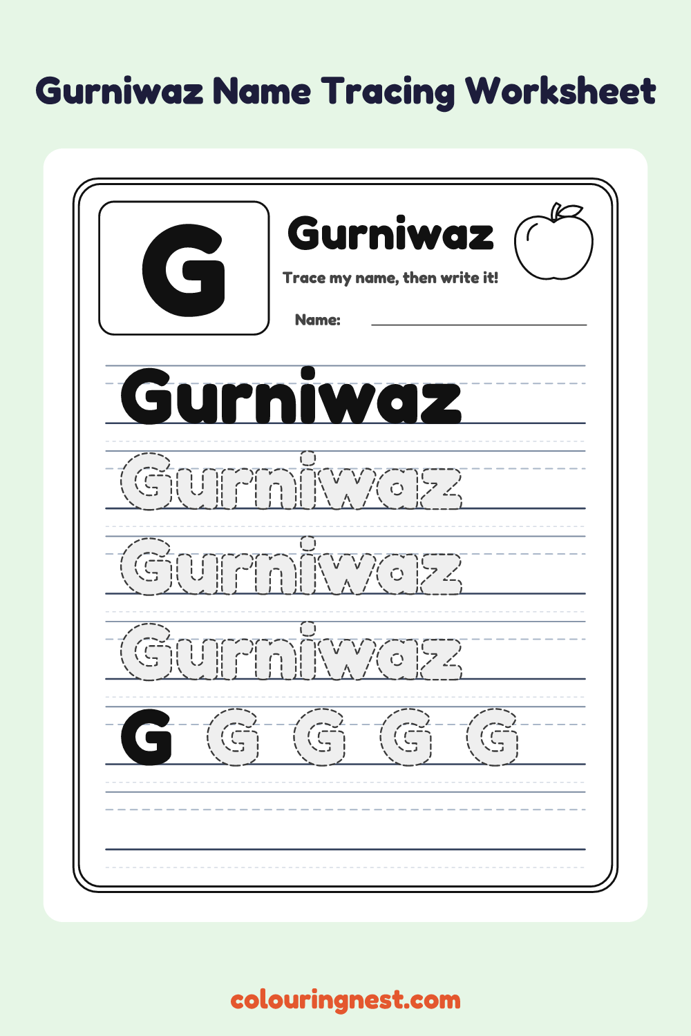 Gurniwaz Name Tracing Worksheet: free printable black-and-white line art