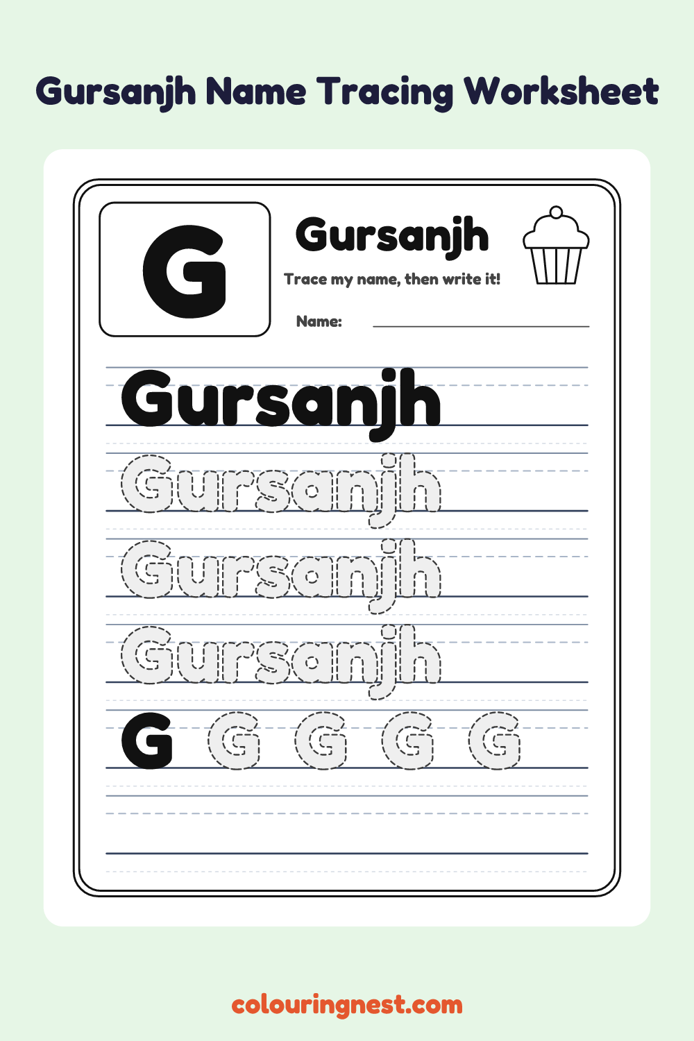 Gursanjh Name Tracing Worksheet: free printable black-and-white line art