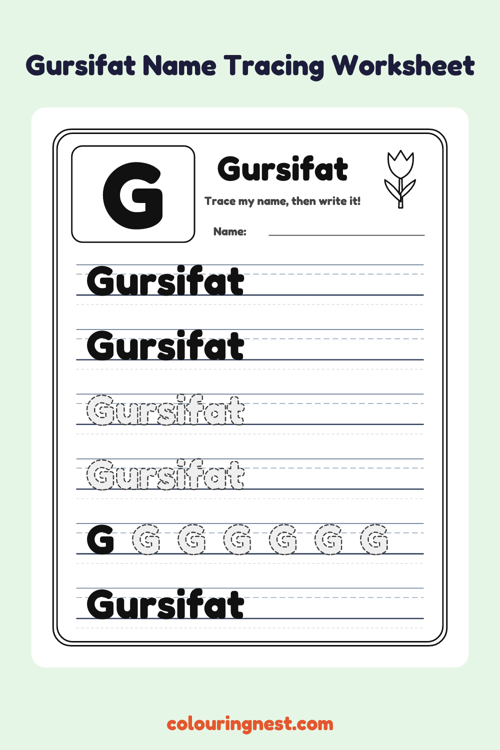 Gursifat Name Tracing Worksheet: free printable black-and-white line art