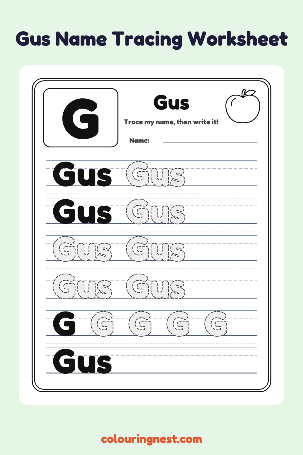 Gus Name Tracing Worksheet: free printable black-and-white line art