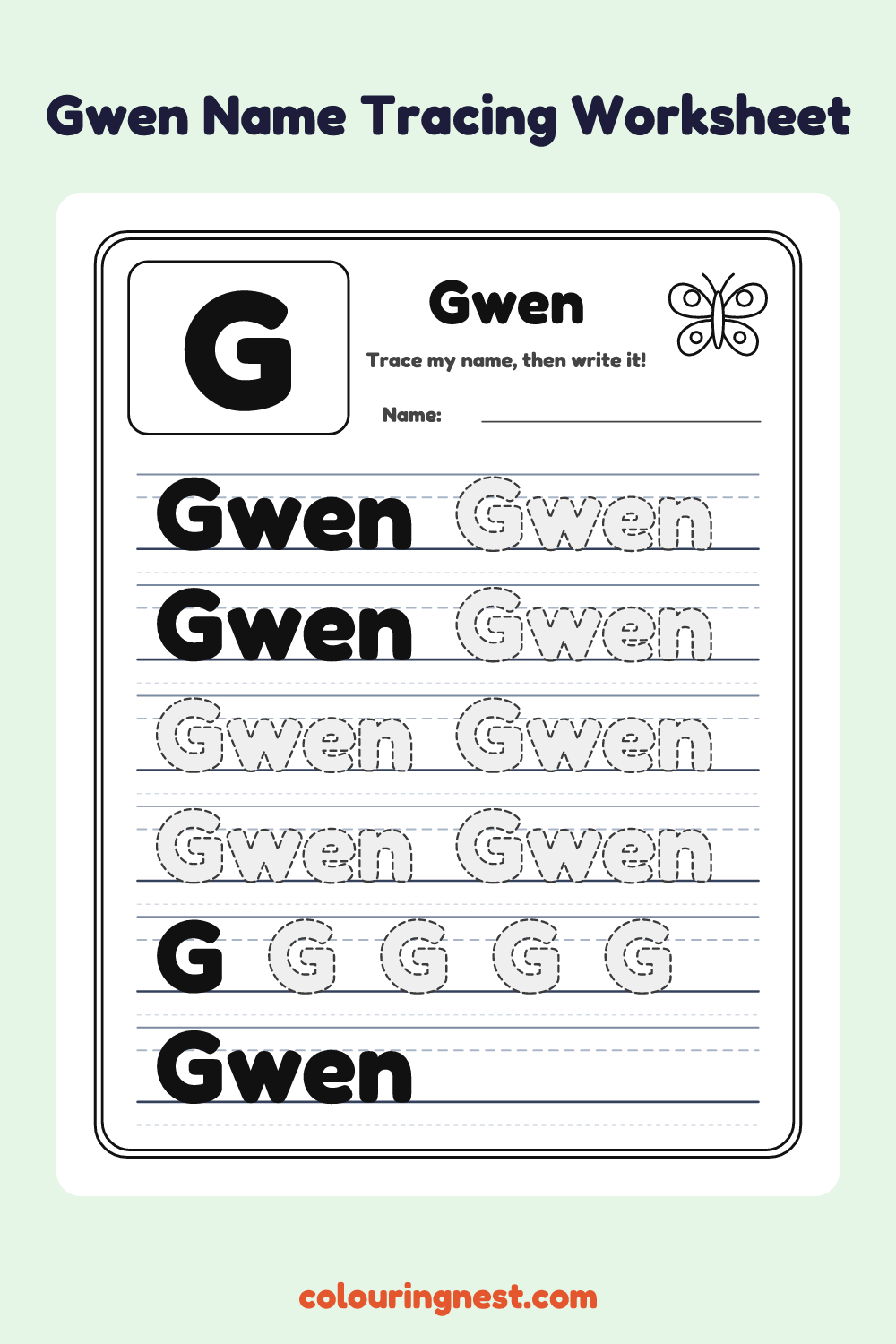 Gwen Name Tracing Worksheet: free printable black-and-white line art