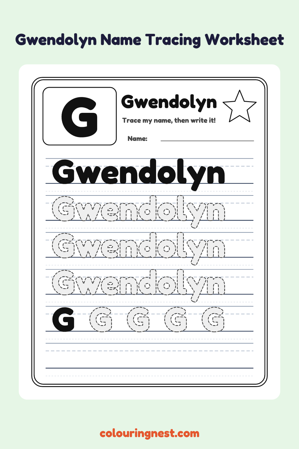 Gwendolyn Name Tracing Worksheet: free printable black-and-white line art